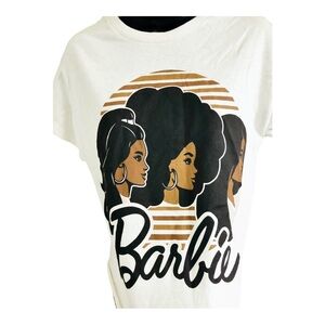 Beautiful black Barbie collage crop‎ rolled hem off-white T-shirt size small new